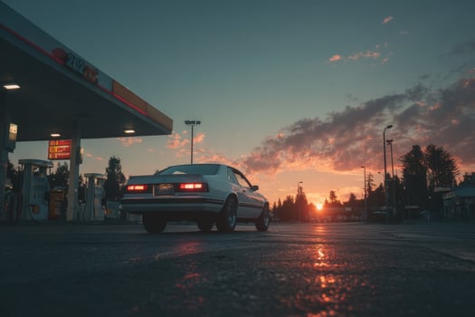 A car parked at a gas station at sunset photo