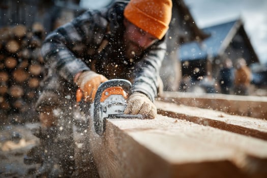 A man is using a chainsaw to cut wood photo