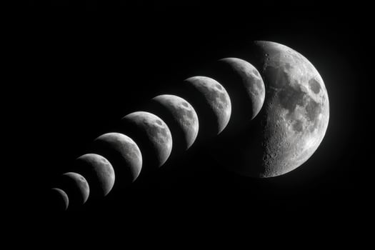 The moon is shown in black and white photo