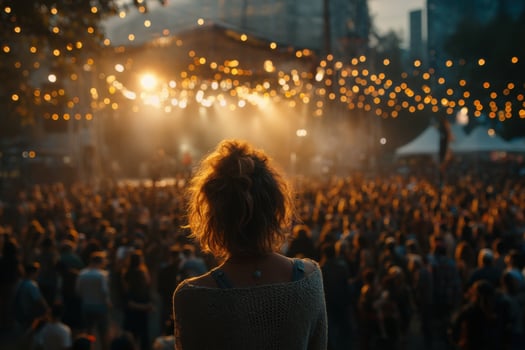 A woman standing in front of a crowd at a music festival photo