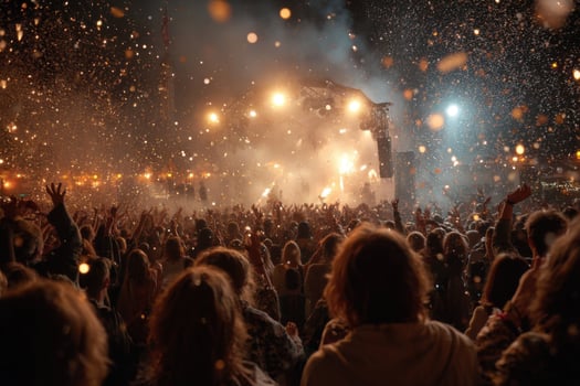 A crowd of people at a music festival with fireworks photo
