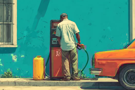 A man is standing next to an orange car and a gas pump photo