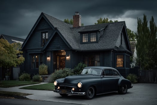 A black classic car parked in front of a house photo