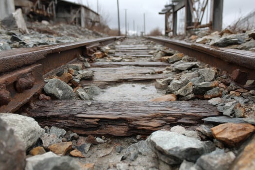 A railroad track is covered in rocks and gravel photo