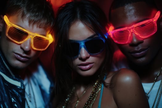 Three people wearing neon sunglasses photo