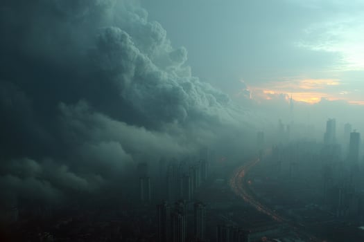 A city with a lot of smoke and clouds photo