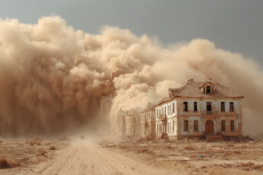A house is surrounded by dust and smoke photo