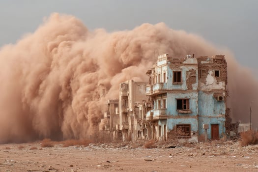 A building is being blown up by sand photo