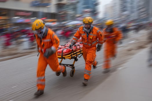 A group of emergency workers running down the street photo