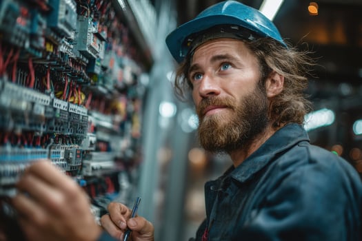 A man in a hard hat and helmet is looking at a panel photo