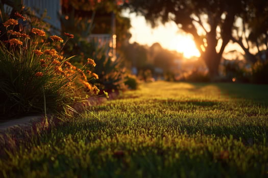 A grassy yard with flowers and trees at sunset photo