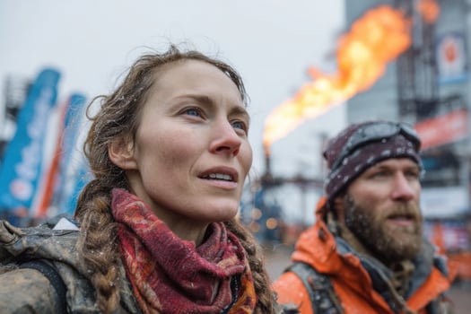 A man and woman standing in front of a burning building photo
