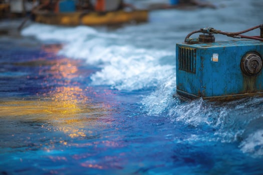 A blue and yellow machine sitting on the water photo