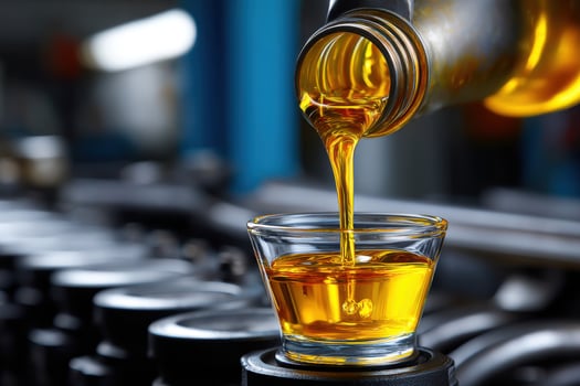 A glass of oil being poured into a machine photo