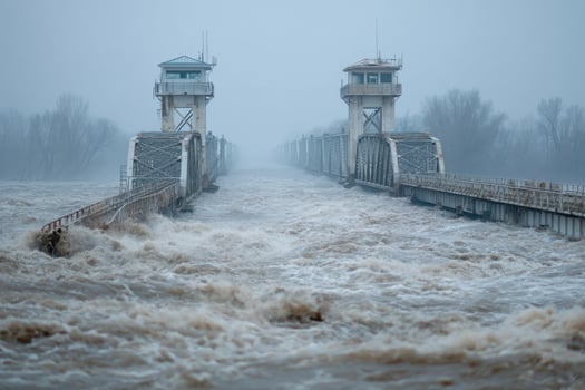 A bridge with two towers in the middle of a river photo