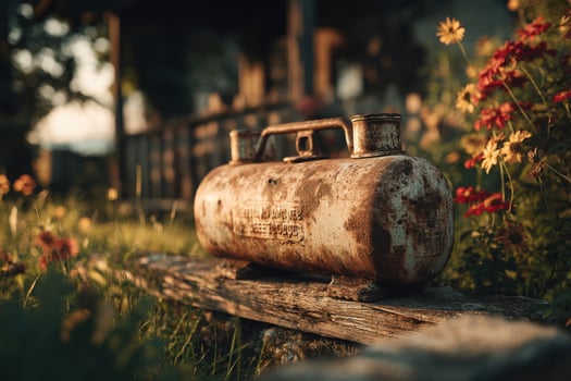 An old gas tank sitting on a wooden bench photo