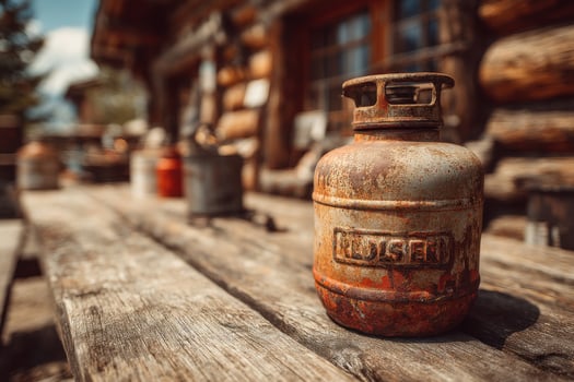 Old rusty gas can on wooden table photo