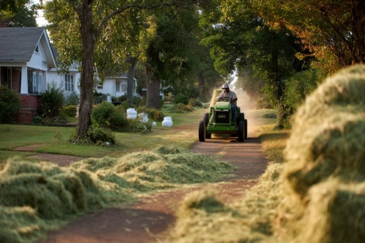 A man on a tractor is cutting grass in a neighborhood photo