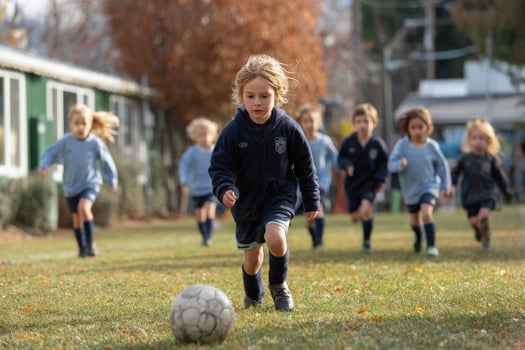 Children playing soccer on a field photo