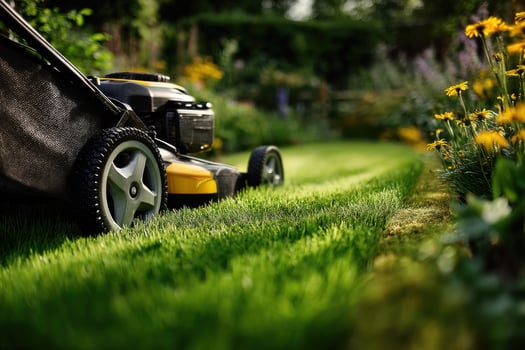 A lawn mower is in the middle of a lush green field photo
