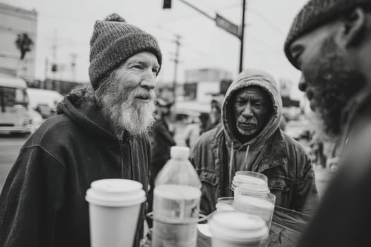 Two homeless men are talking to each other photo