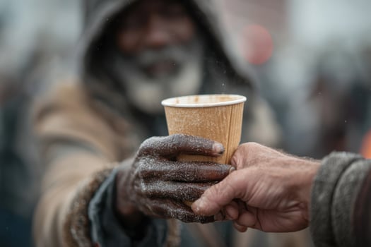 A homeless man holding a cup of coffee photo