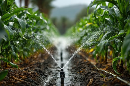 A sprinkler is spraying water on a corn field photo