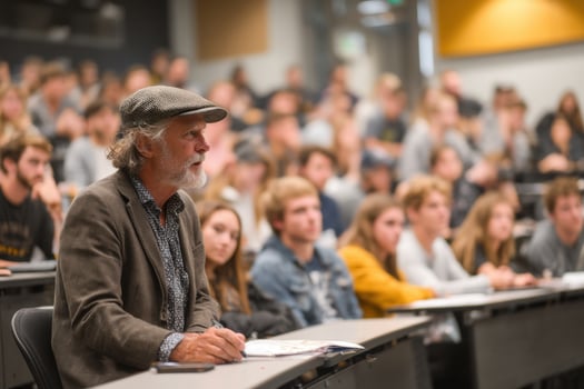 A man in a hat sitting at a lecture hall with a crowd of people photo