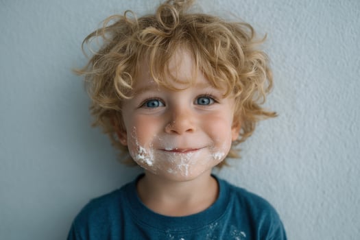 A young boy with a white face and a blue shirt photo
