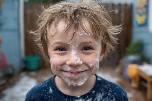 A young boy with a messy face and a lot of white powder on his face photo