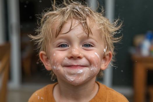 A young boy with a messy face and a smile photo