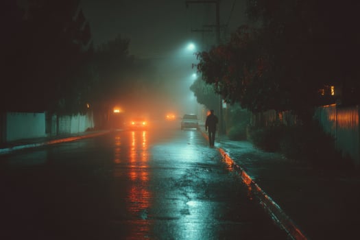 A person walking down a street at night photo
