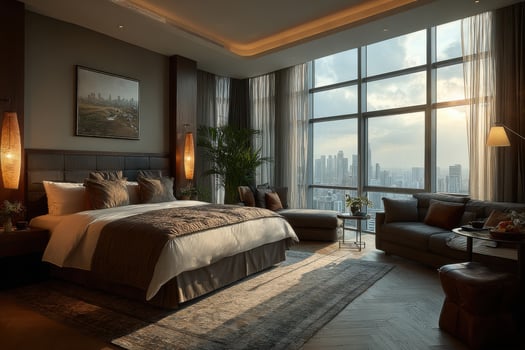 A bedroom with a view of the city skyline photo
