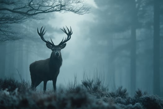 A deer stands in the foggy forest photo