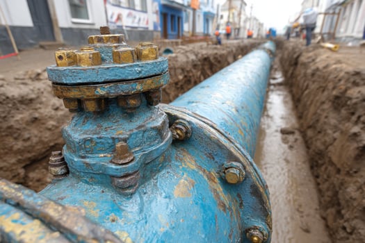 A blue pipe with a metal valve on it photo
