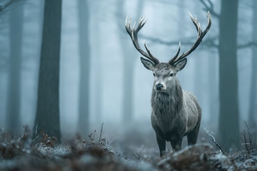 A deer with antlers in the foggy forest photo