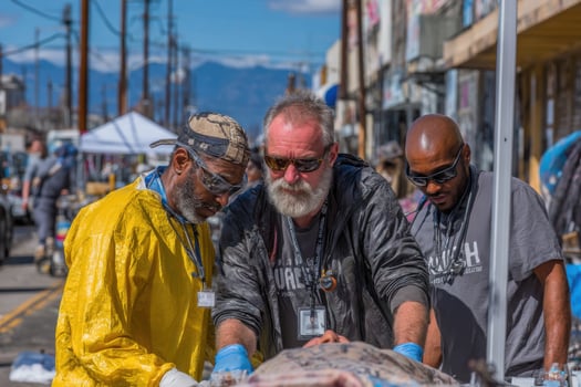 Three men in yellow jackets and blue gloves are working on a dead body photo