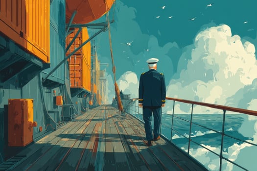 A man in a sailor uniform standing on the deck of a ship photo