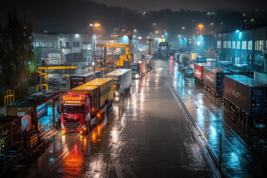 Trucks are parked on a wet road at night photo