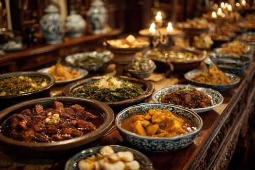 A long table with many dishes of food photo