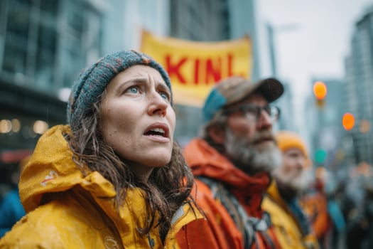 A woman wearing a yellow raincoat and a man wearing a hat photo