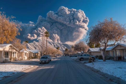 A plume of smoke rises from the ground in front of houses photo
