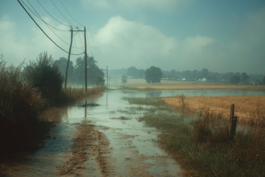 A dirt road with a muddy field next to it photo