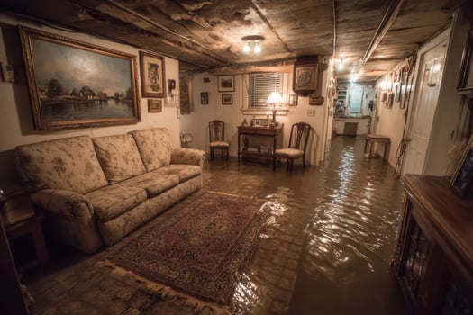 A flooded basement with furniture and paintings photo