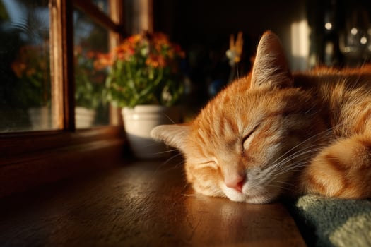 An orange cat sleeping on a window sill photo
