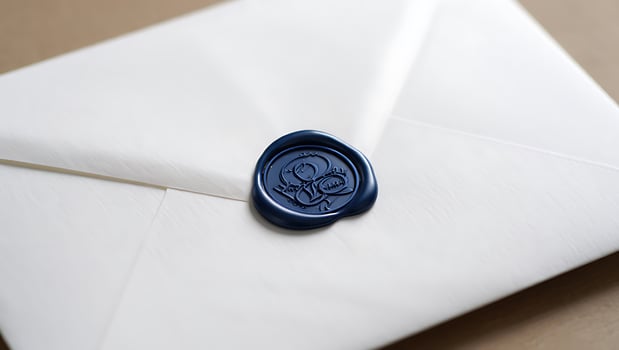 Elegant white envelope sealed with a blue wax stamp for official correspondence and personalized communication design element photo