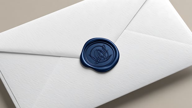 Elegant White Envelope with a Navy Blue Wax Seal Emblem Close Up Macro Shot Communication Concept photo