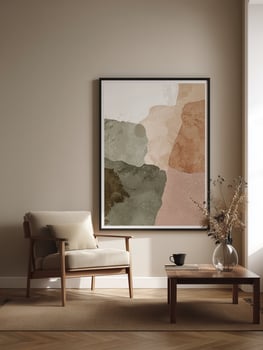 Large framed abstract art print hanging beige wall modern living room with cozy armchair and wooden coffee table with vase and cup, creating calm photo