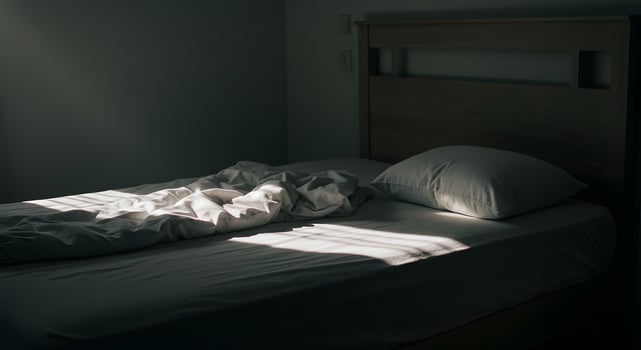 Unmade Bed With Single Pillow Morning Light photo