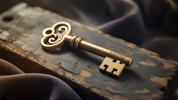Golden antique skeleton key resting on distressed wooden surface creating a vintage and mysterious atmosphere with a soft draped fabric in the background photo